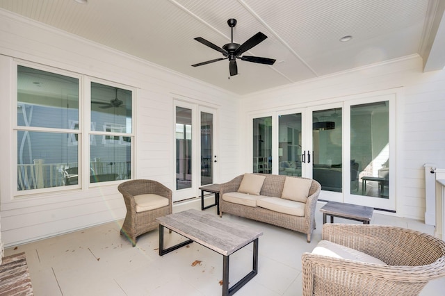 view of patio / terrace featuring an outdoor hangout area, ceiling fan, and french doors