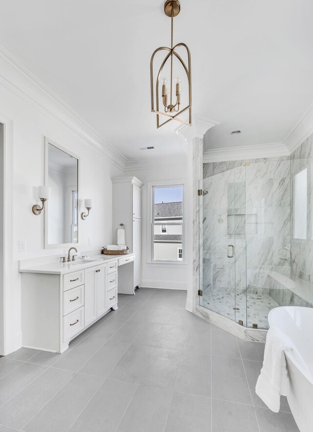 bathroom featuring a chandelier, crown molding, an enclosed shower, and vanity