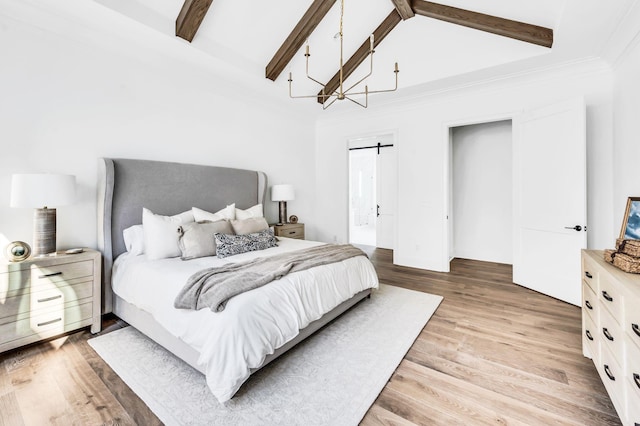 bedroom featuring light hardwood / wood-style floors, vaulted ceiling with beams, and a notable chandelier