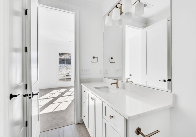 bathroom featuring vanity and hardwood / wood-style floors