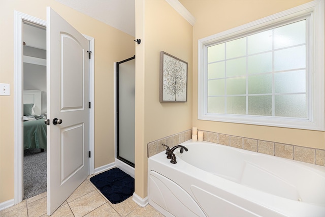 bathroom with tile patterned flooring and plus walk in shower