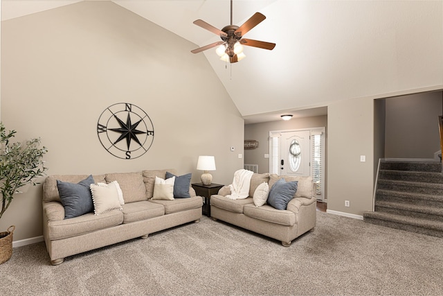 living room with ceiling fan, carpet, and high vaulted ceiling