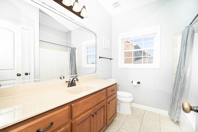 bathroom featuring visible vents, a shower with shower curtain, toilet, tile patterned floors, and vanity