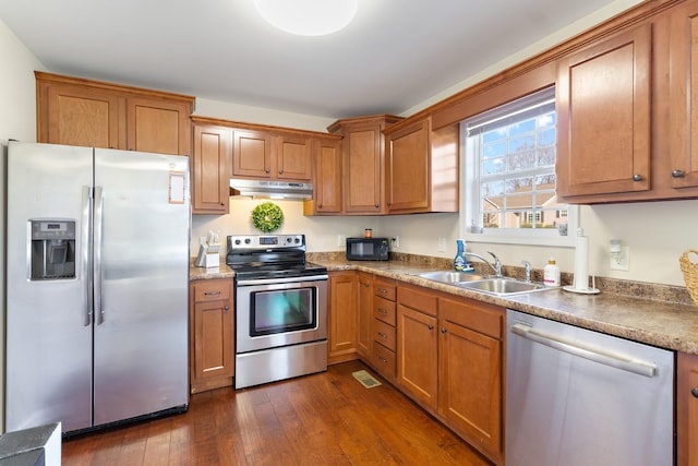 kitchen with sink, dark hardwood / wood-style floors, and stainless steel appliances