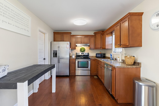 kitchen featuring dark wood-type flooring, appliances with stainless steel finishes, and sink