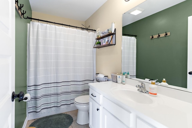 full bathroom featuring toilet, vanity, shower / tub combo with curtain, and tile patterned flooring