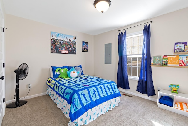 bedroom with carpet flooring and electric panel