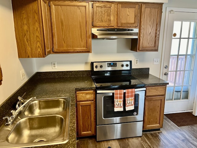 kitchen with dark hardwood / wood-style flooring, stainless steel electric stove, and sink