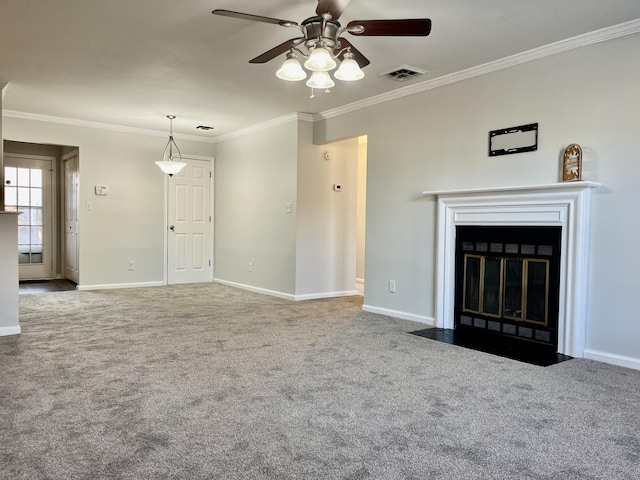 unfurnished living room with carpet floors, ornamental molding, and ceiling fan