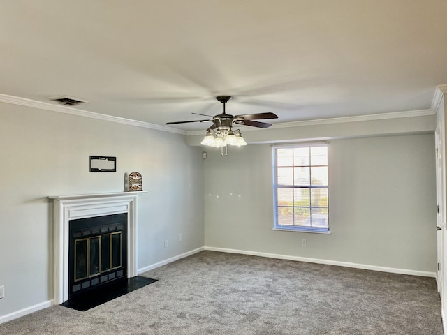 unfurnished living room with dark colored carpet, ornamental molding, and ceiling fan