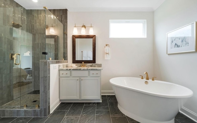 bathroom with vanity, crown molding, and shower with separate bathtub