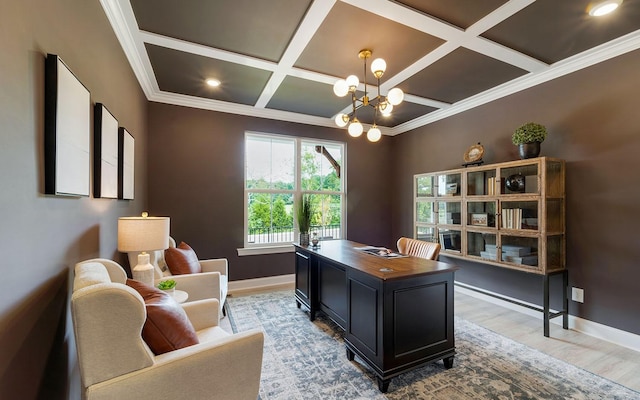 office space featuring beamed ceiling, ornamental molding, a notable chandelier, and coffered ceiling