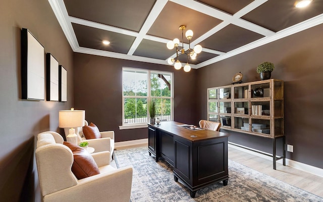 office with ornamental molding, an inviting chandelier, beamed ceiling, and coffered ceiling