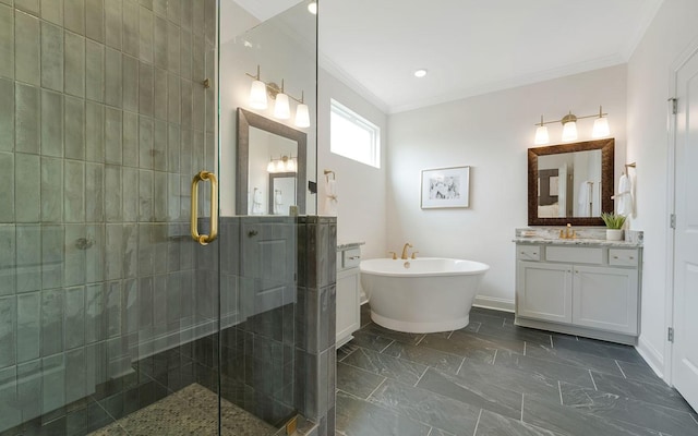 bathroom featuring separate shower and tub, vanity, and ornamental molding