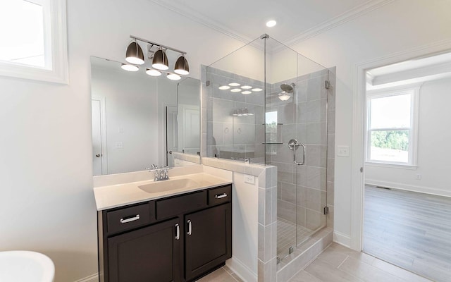 7934 Pine St, Fairview, TN 37062 - full bath featuring a stall shower, vanity, ornamental molding, baseboards, and tile patterned floors