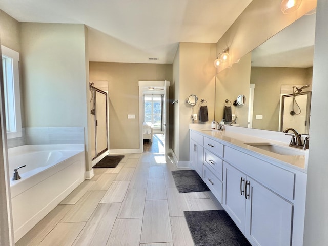 bathroom with separate shower and tub and vanity