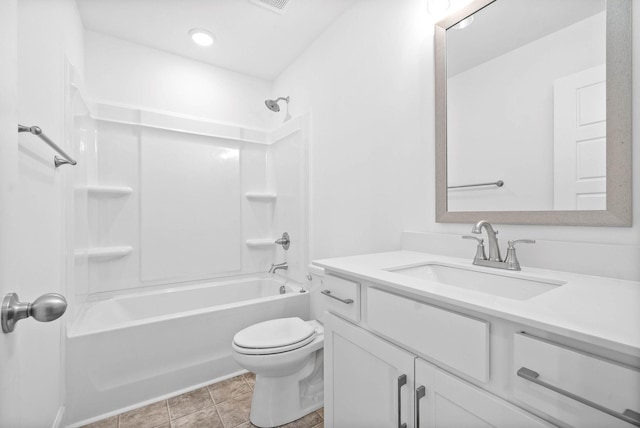 full bathroom featuring shower / tub combination, toilet, tile patterned flooring, and vanity