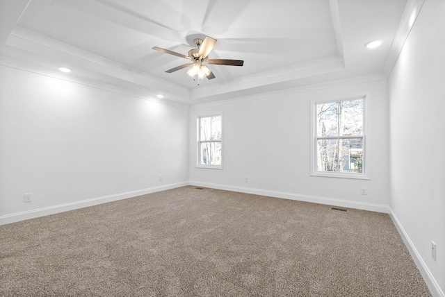 spare room featuring a raised ceiling, a healthy amount of sunlight, carpet, and ornamental molding