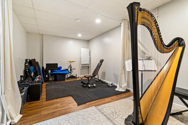 workout area with hardwood / wood-style flooring and a drop ceiling