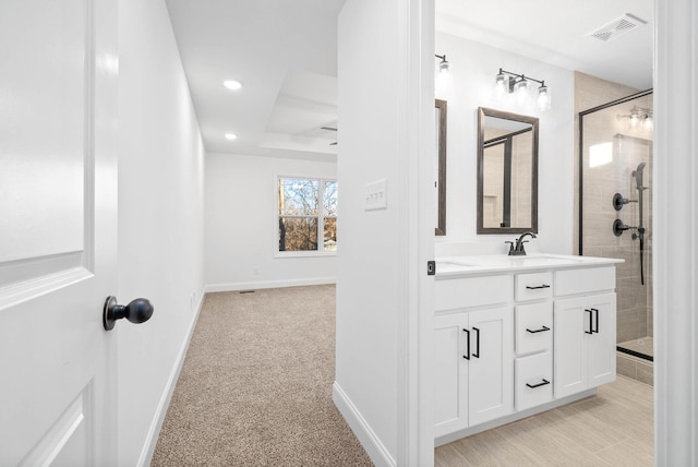 bathroom featuring a shower with door, a raised ceiling, and vanity