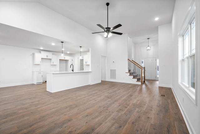 unfurnished living room with a healthy amount of sunlight, dark hardwood / wood-style flooring, and sink