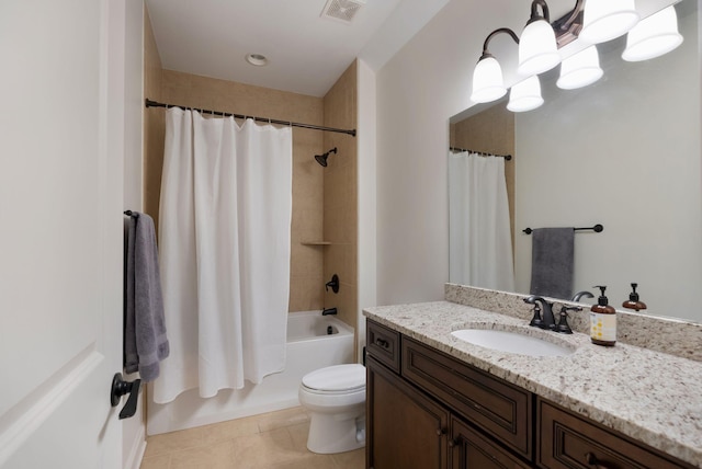 full bathroom with toilet, vanity, tile patterned floors, and shower / bath combo with shower curtain