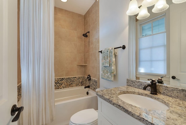 full bathroom with toilet, vanity, an inviting chandelier, and shower / bath combination with curtain