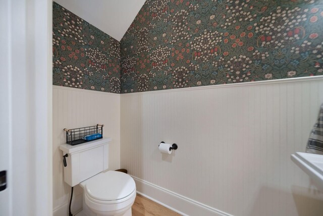 bathroom featuring toilet and lofted ceiling