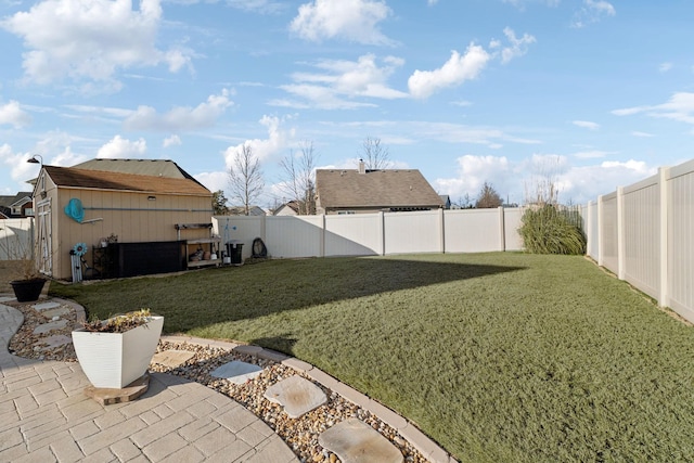 view of yard with a patio and a shed