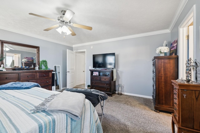 carpeted bedroom with ceiling fan, ornamental molding, and a textured ceiling