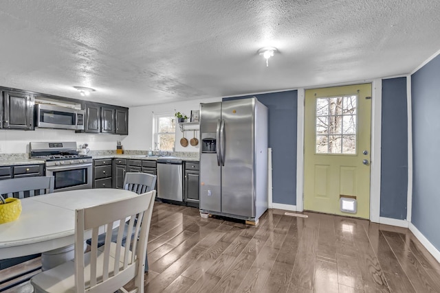 kitchen featuring plenty of natural light, dark hardwood / wood-style flooring, stainless steel appliances, and gray cabinetry