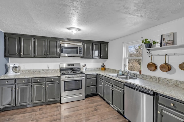 kitchen with sink, appliances with stainless steel finishes, a textured ceiling, and gray cabinets