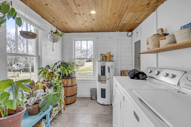 laundry area with wooden ceiling, separate washer and dryer, electric water heater, and a wealth of natural light