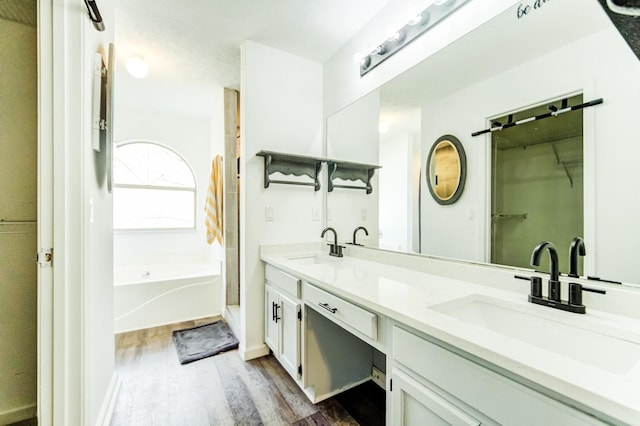 bathroom with vanity, a bath, and wood-type flooring