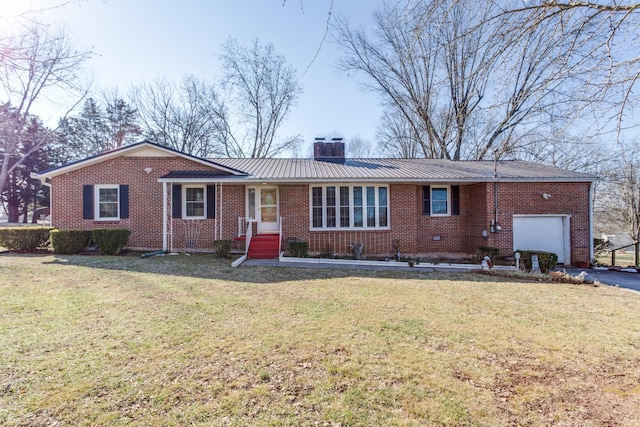 single story home with a front yard, a garage, and central air condition unit