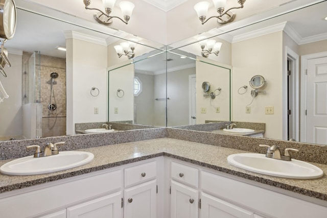 bathroom featuring an enclosed shower, vanity, and ornamental molding