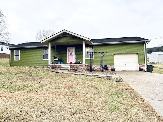 ranch-style home with a front lawn, a porch, and a garage