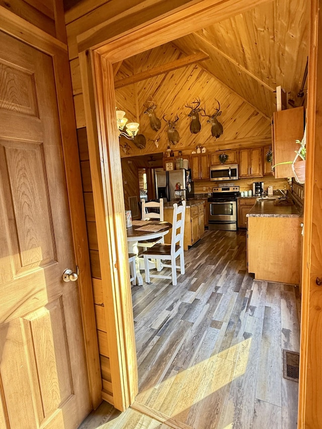 kitchen featuring wooden ceiling, stainless steel appliances, dark hardwood / wood-style floors, and wooden walls