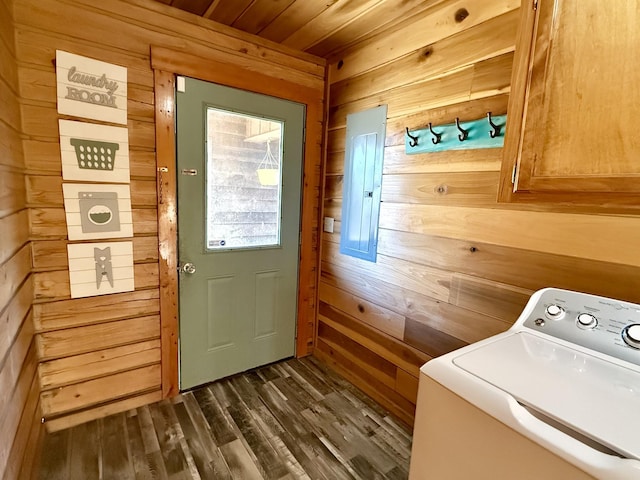 laundry area with cabinets, washer / dryer, wood walls, and wood ceiling