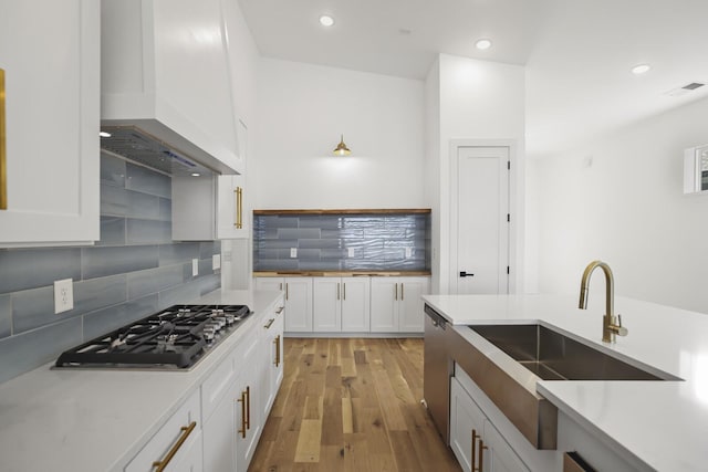 kitchen featuring custom exhaust hood, white cabinetry, stainless steel appliances, decorative backsplash, and light hardwood / wood-style floors