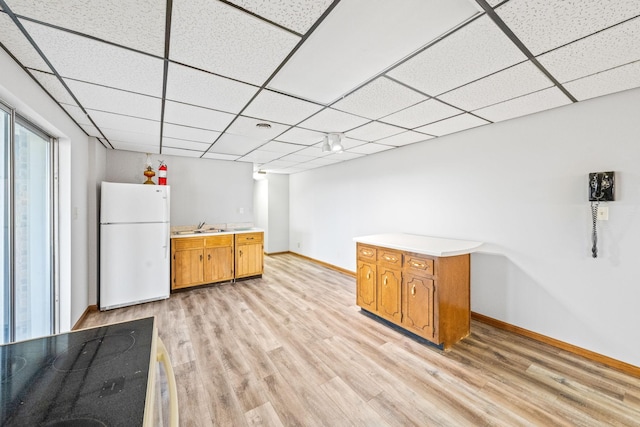 kitchen with white fridge, light hardwood / wood-style flooring, stainless steel electric stove, a drop ceiling, and sink