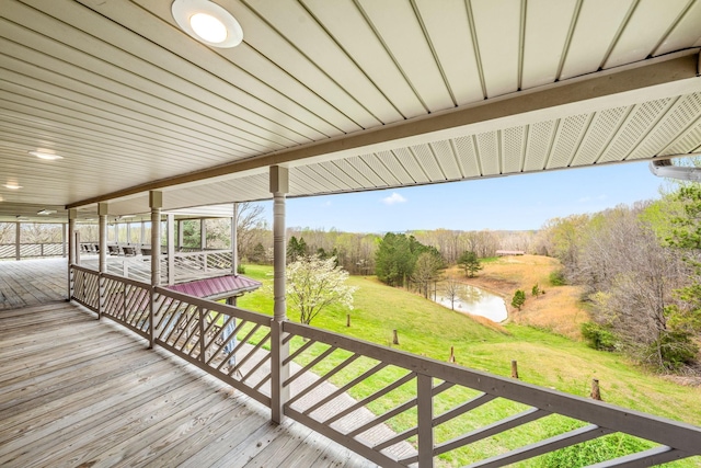 wooden terrace featuring a water view and a yard