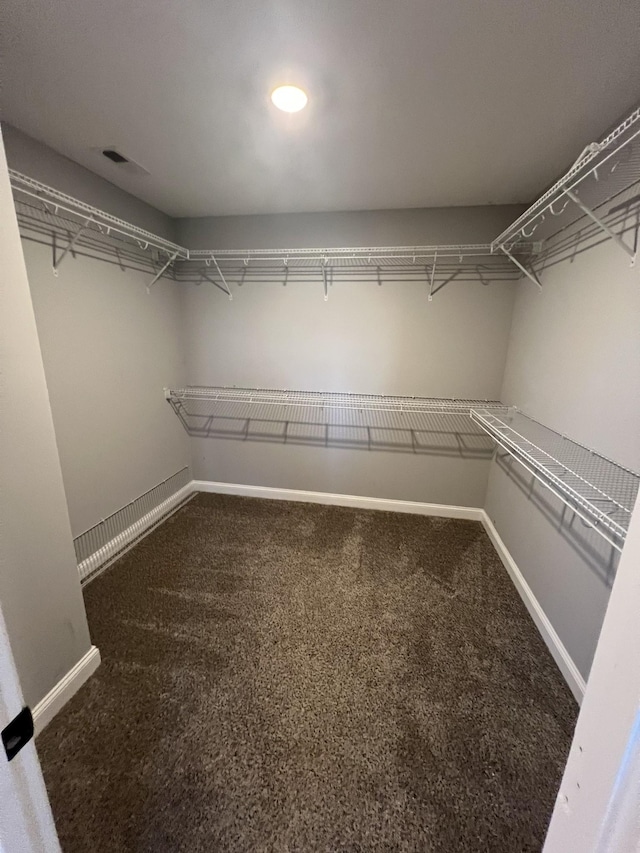 walk in closet with dark colored carpet