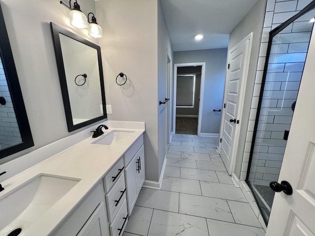 bathroom featuring vanity and a tile shower