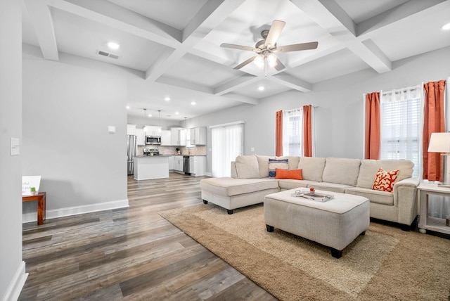 living room with coffered ceiling, a healthy amount of sunlight, beam ceiling, and hardwood / wood-style flooring