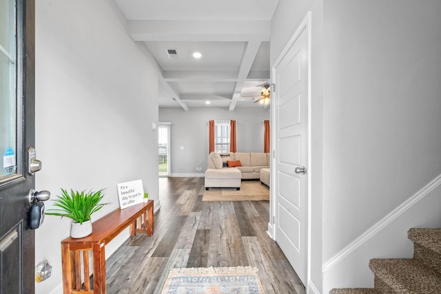 hallway featuring wood-type flooring, beam ceiling, and coffered ceiling