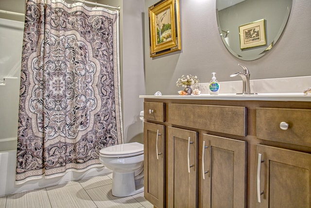 full bathroom with toilet, vanity, tile patterned floors, and shower / bath combination with curtain