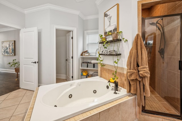 bathroom featuring separate shower and tub, tile patterned floors, and crown molding