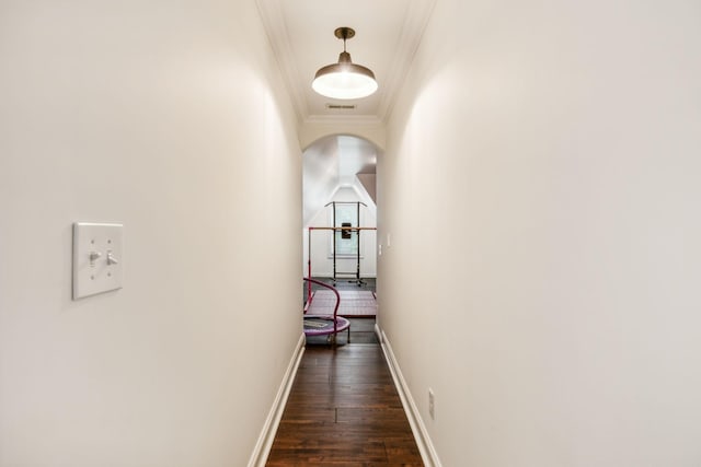 hallway with dark hardwood / wood-style flooring and ornamental molding