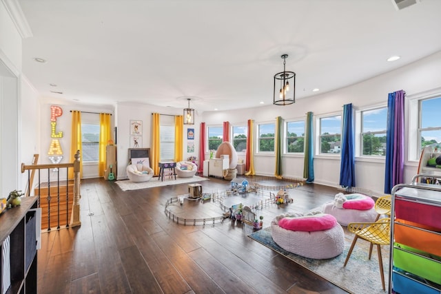 playroom featuring dark hardwood / wood-style flooring and crown molding